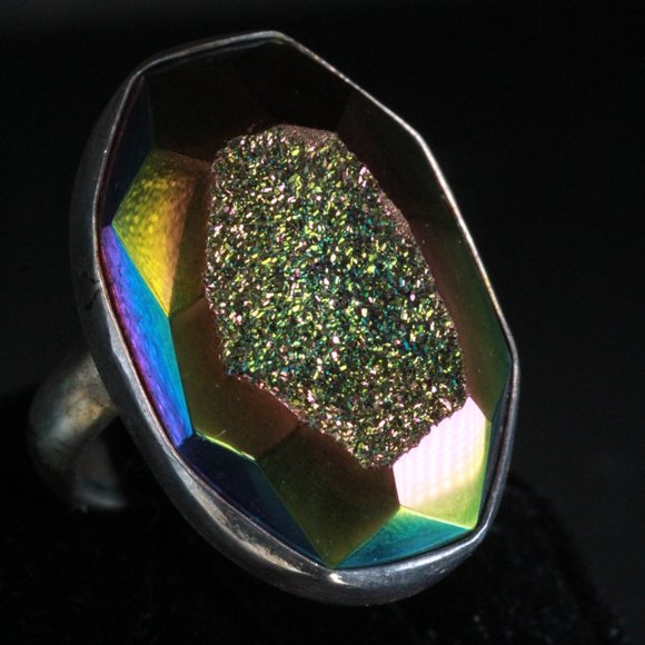 STERLING SILVER OBSIDIAN DRUZY LARGE OVAL SPLIT RING - Picture 2 of 7